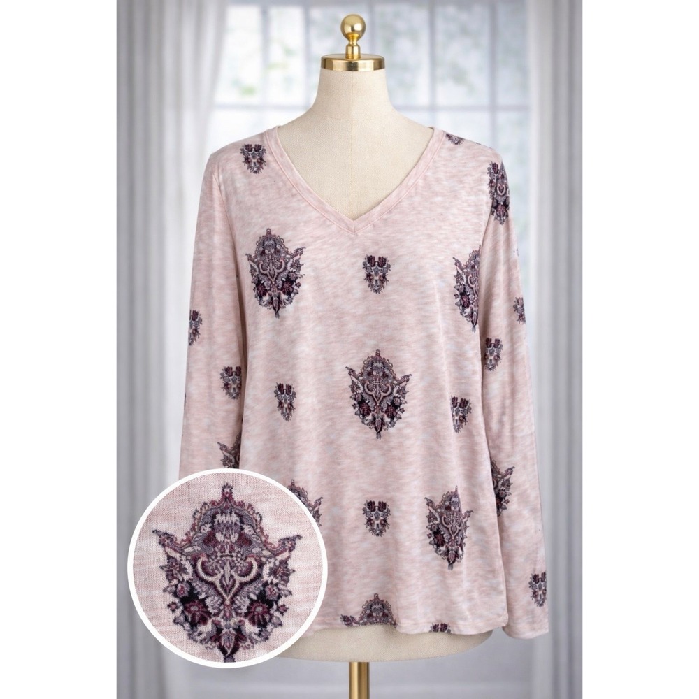 Sonoma The Everyday Tee Pink Print Long Sleeve V-Neck T-Shirt PXL Petite